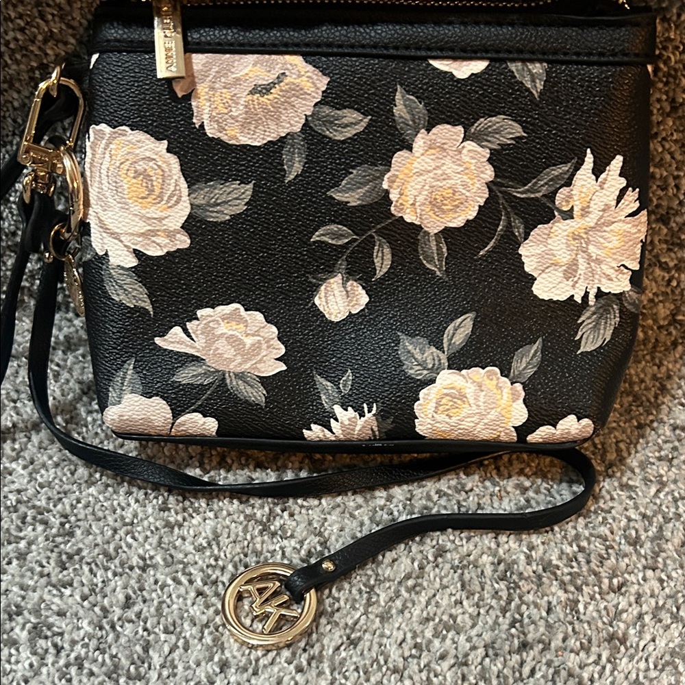 Anne Klein Black Floral Wristlet